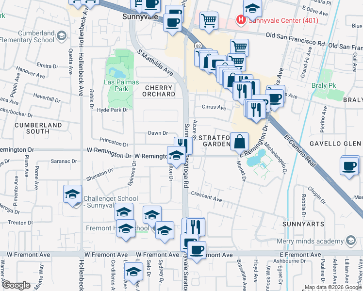 map of restaurants, bars, coffee shops, grocery stores, and more near 510 Sunnymount Avenue in Sunnyvale