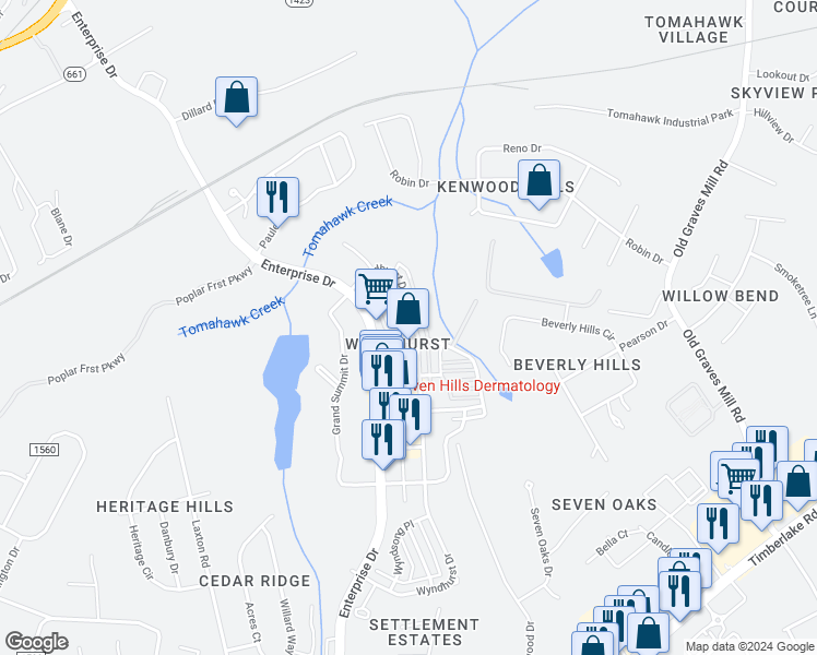 map of restaurants, bars, coffee shops, grocery stores, and more near 709 Wyndhurst Drive in Lynchburg