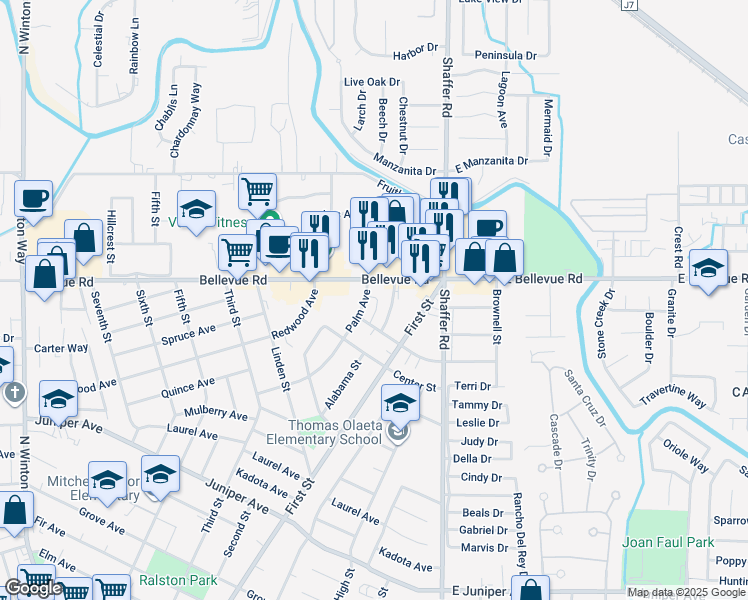 map of restaurants, bars, coffee shops, grocery stores, and more near 2662 Palm Avenue in Atwater