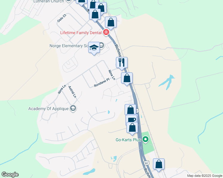 map of restaurants, bars, coffee shops, grocery stores, and more near 703 Rustads Circle in Williamsburg
