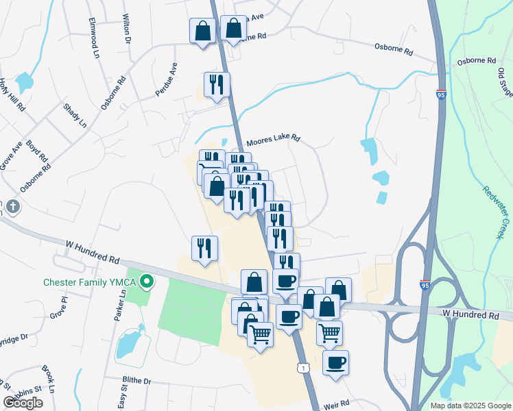 map of restaurants, bars, coffee shops, grocery stores, and more near 12131 Jefferson Davis Highway in Chester