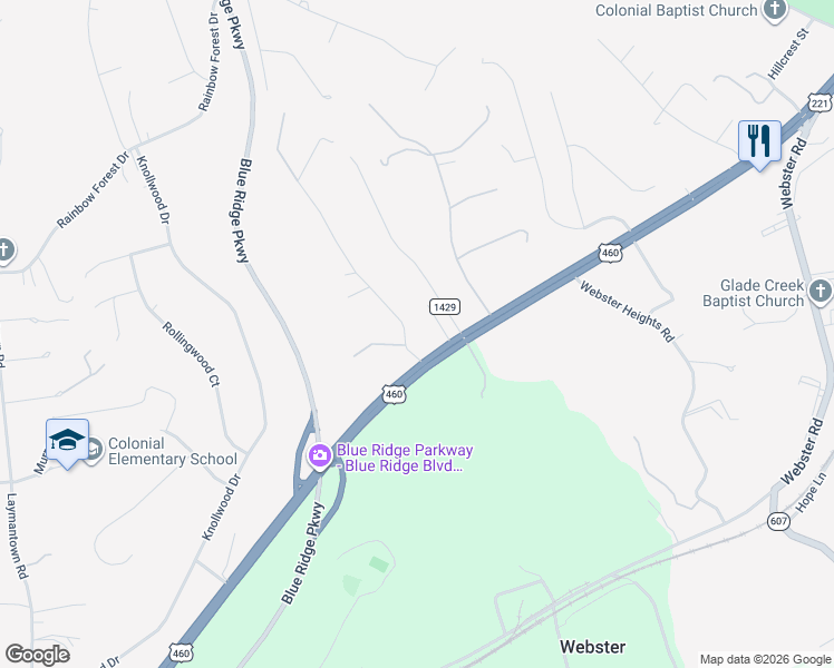 map of restaurants, bars, coffee shops, grocery stores, and more near 87 Toms Road in Blue Ridge