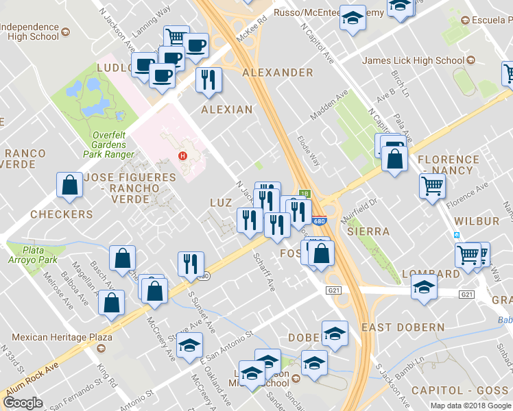 map of restaurants, bars, coffee shops, grocery stores, and more near North Jackson Avenue in San Jose