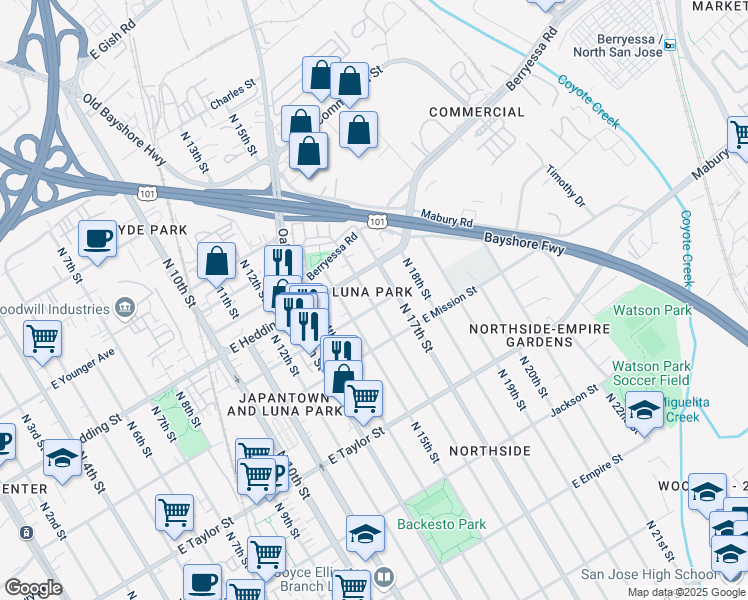 map of restaurants, bars, coffee shops, grocery stores, and more near in San Jose
