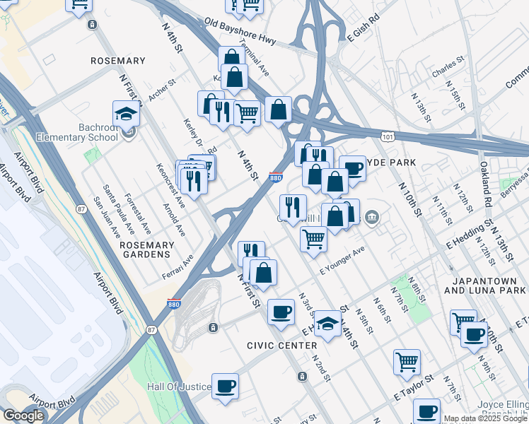 map of restaurants, bars, coffee shops, grocery stores, and more near 1190 North 4th Street in San Jose