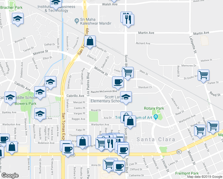 map of restaurants, bars, coffee shops, grocery stores, and more near 2161 Rancho McCormick Boulevard in Santa Clara
