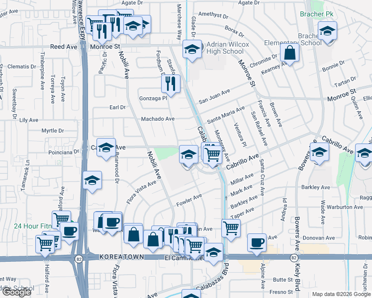 map of restaurants, bars, coffee shops, grocery stores, and more near 3335 Saint Ignatius Place in Santa Clara