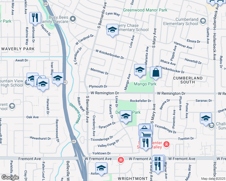 map of restaurants, bars, coffee shops, grocery stores, and more near 1075 Plymouth Drive in Sunnyvale