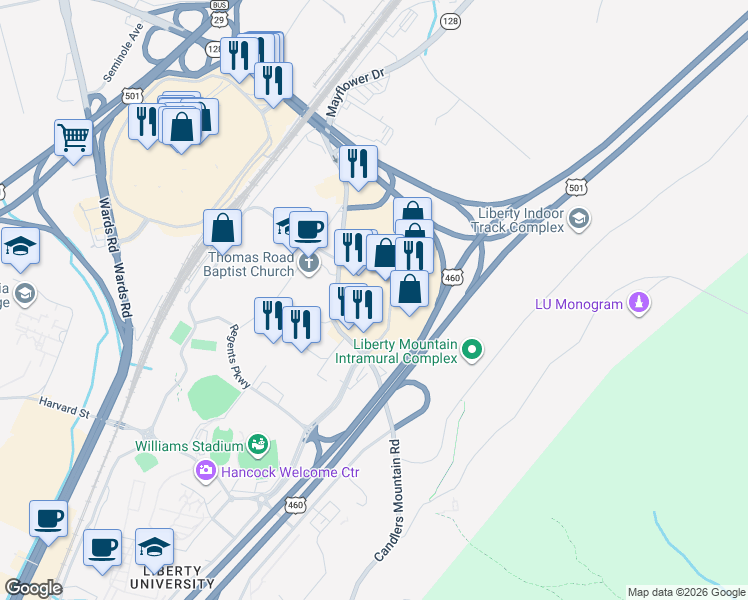 map of restaurants, bars, coffee shops, grocery stores, and more near 128 Montview Forest Drive in Lynchburg