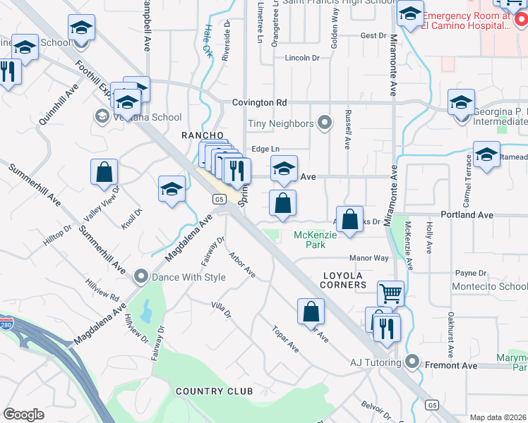 map of restaurants, bars, coffee shops, grocery stores, and more near 728 Brentwood Place in Los Altos