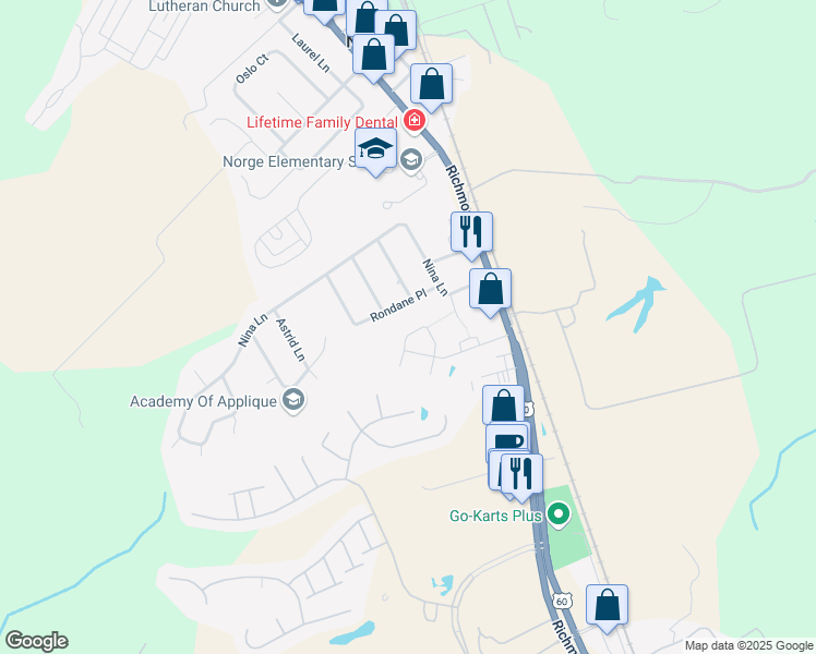 map of restaurants, bars, coffee shops, grocery stores, and more near 1004 Rustads Circle in Williamsburg