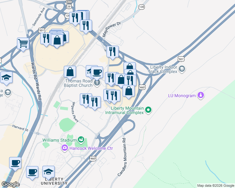 map of restaurants, bars, coffee shops, grocery stores, and more near 128 Montview Forest Drive in Lynchburg