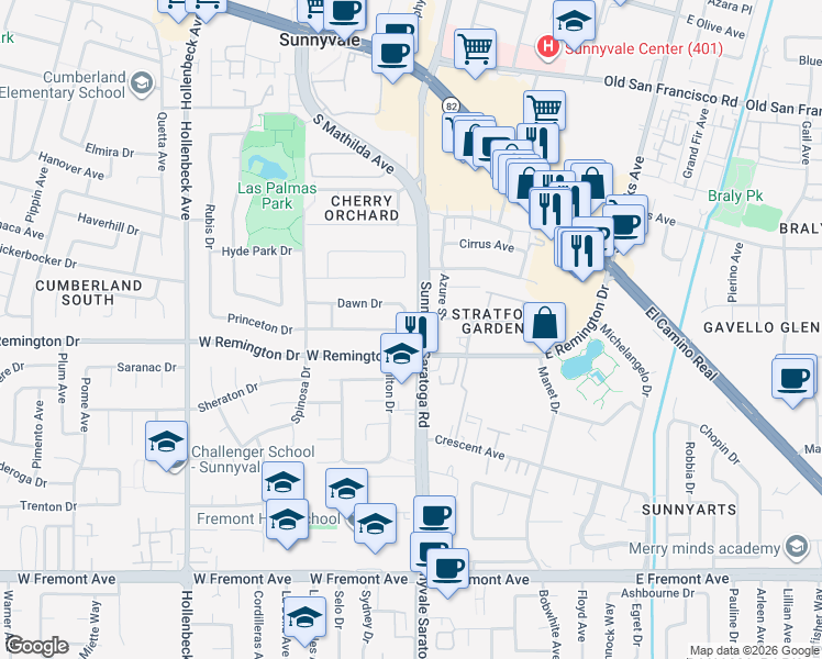 map of restaurants, bars, coffee shops, grocery stores, and more near 510 Sunnymount Avenue in Sunnyvale