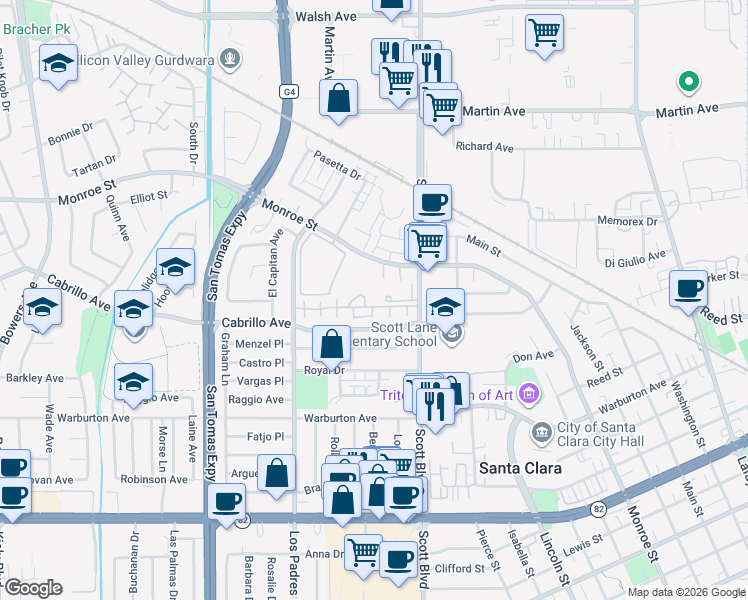 map of restaurants, bars, coffee shops, grocery stores, and more near 2161 Rancho McCormick Boulevard in Santa Clara