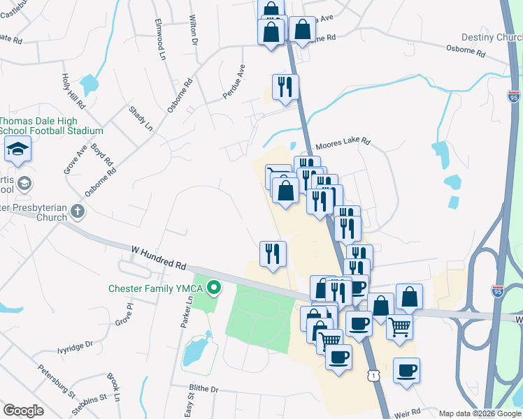 map of restaurants, bars, coffee shops, grocery stores, and more near 12100 Rock Hill Road in Chester