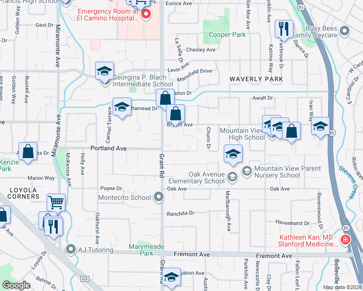 map of restaurants, bars, coffee shops, grocery stores, and more near 3575 Wellesley Court in Mountain View