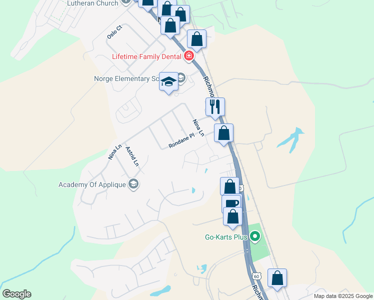 map of restaurants, bars, coffee shops, grocery stores, and more near 1002 Rustads Circle in Williamsburg