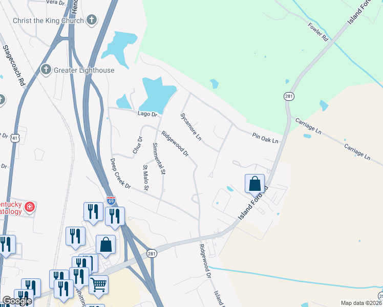 map of restaurants, bars, coffee shops, grocery stores, and more near 255-363 Sycamore Ln in Madisonville