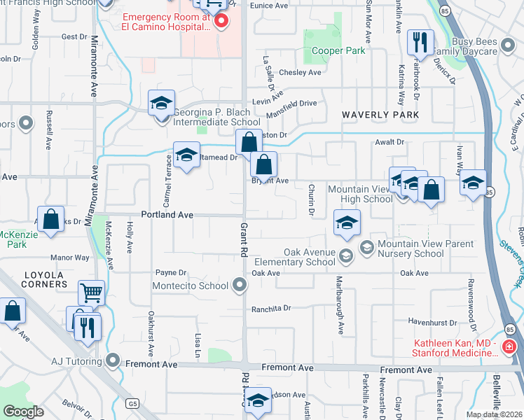 map of restaurants, bars, coffee shops, grocery stores, and more near 3574 Wellesley Court in Mountain View