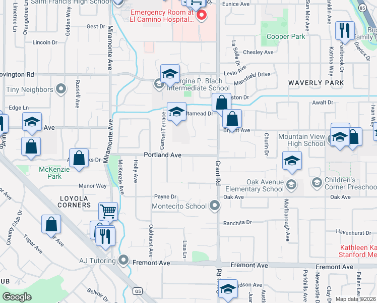 map of restaurants, bars, coffee shops, grocery stores, and more near 1215 Portland Avenue in Los Altos