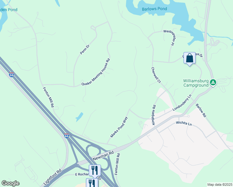 map of restaurants, bars, coffee shops, grocery stores, and more near 704 Marks Pond Way in Williamsburg