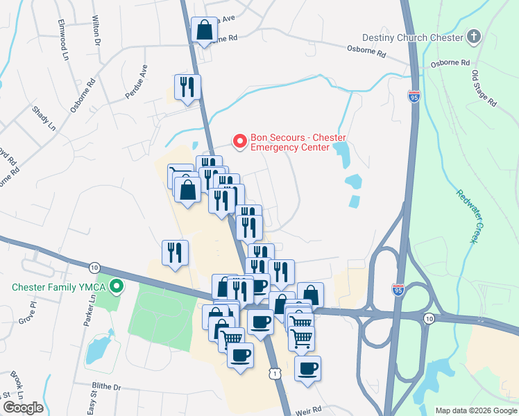 map of restaurants, bars, coffee shops, grocery stores, and more near 12131 Jefferson Davis Highway in Chester