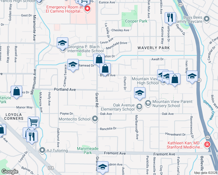 map of restaurants, bars, coffee shops, grocery stores, and more near 3575 Wellesley Court in Mountain View