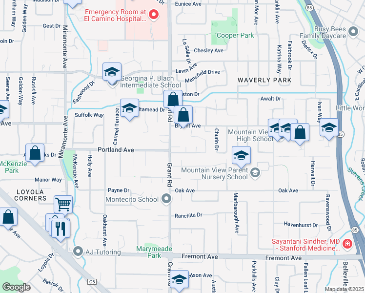 map of restaurants, bars, coffee shops, grocery stores, and more near 3574 Wellesley Court in Mountain View