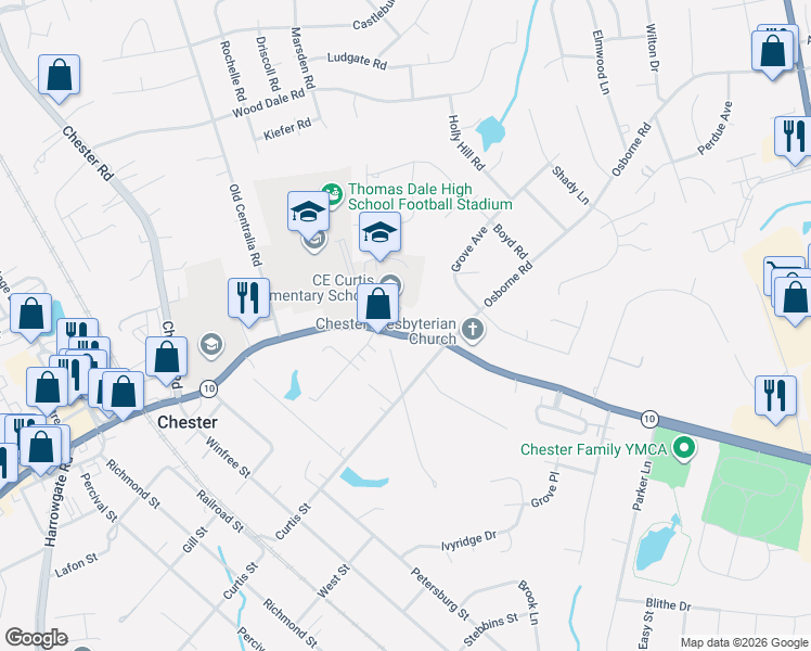 map of restaurants, bars, coffee shops, grocery stores, and more near 3600 West Hundred Road in Chester