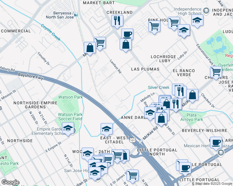 map of restaurants, bars, coffee shops, grocery stores, and more near 1608 Las Plumas Avenue in San Jose