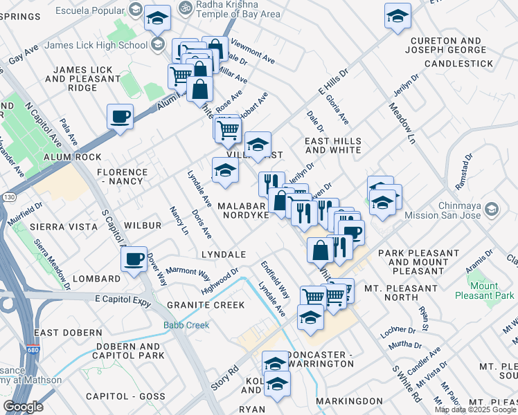 map of restaurants, bars, coffee shops, grocery stores, and more near 13901 Nordyke Drive in San Jose