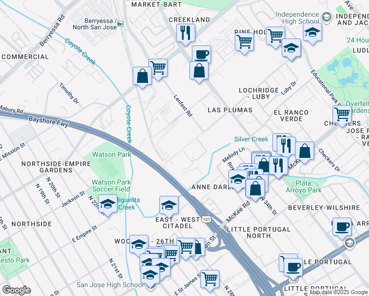map of restaurants, bars, coffee shops, grocery stores, and more near 1605-1669 Las Plumas Ave in San Jose