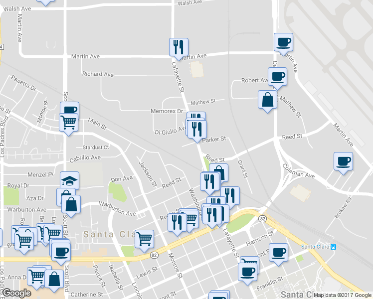 map of restaurants, bars, coffee shops, grocery stores, and more near 2012 Lafayette Street in Santa Clara