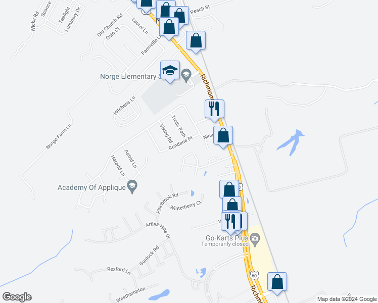 map of restaurants, bars, coffee shops, grocery stores, and more near 904 Rustads Circle in Williamsburg
