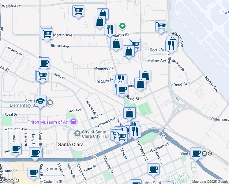 map of restaurants, bars, coffee shops, grocery stores, and more near 2012 Lafayette Street in Santa Clara