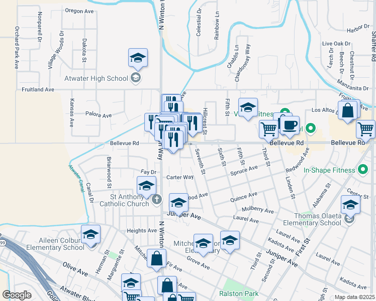 map of restaurants, bars, coffee shops, grocery stores, and more near 1670 Bellevue Road in Atwater