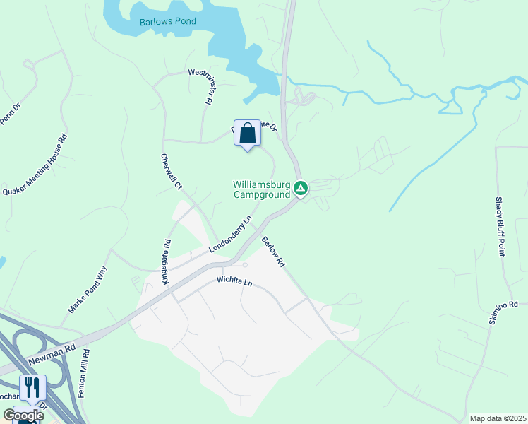 map of restaurants, bars, coffee shops, grocery stores, and more near 135 Londonderry Lane in Williamsburg