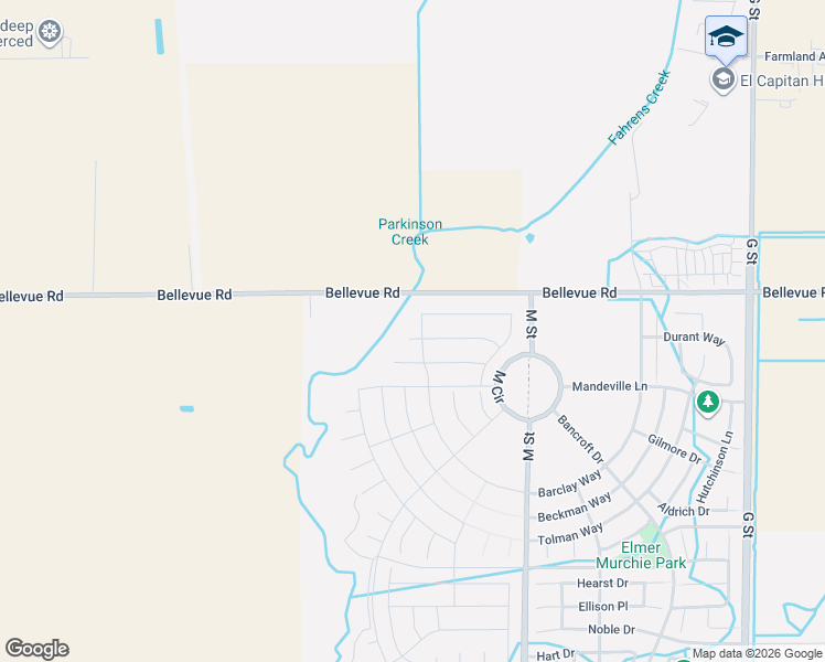 map of restaurants, bars, coffee shops, grocery stores, and more near 755 Marshall Court in Merced