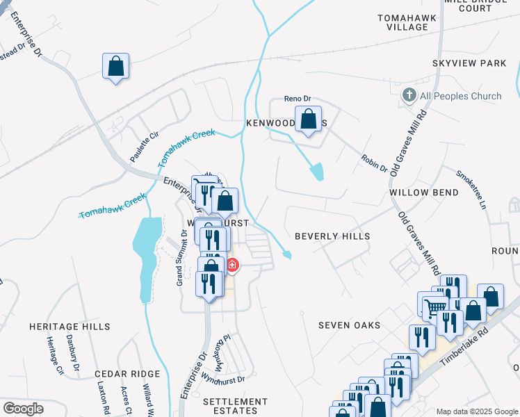 map of restaurants, bars, coffee shops, grocery stores, and more near 319 Northwynd Circle in Lynchburg