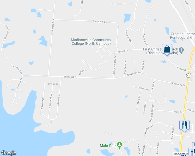 map of restaurants, bars, coffee shops, grocery stores, and more near 619 Shamrock Drive in Madisonville