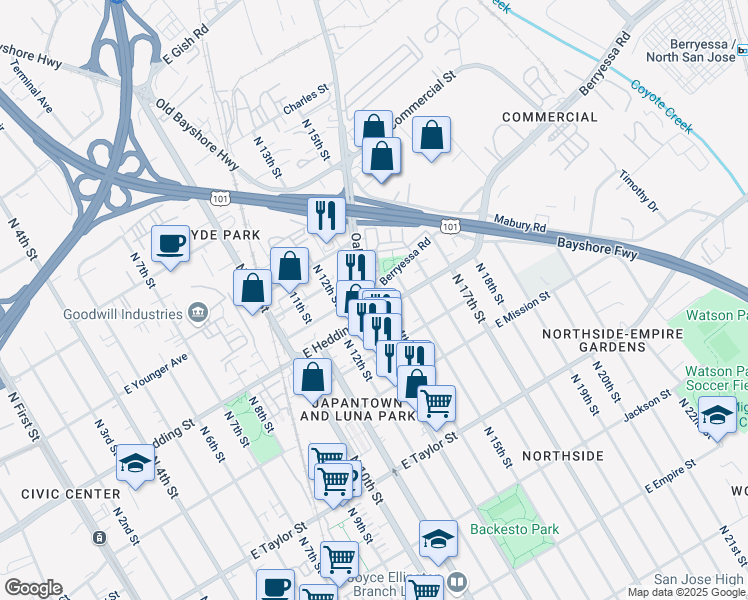 map of restaurants, bars, coffee shops, grocery stores, and more near 622 Berryessa Road in San Jose
