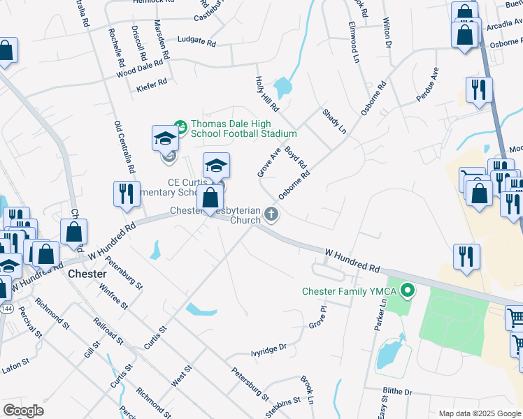 map of restaurants, bars, coffee shops, grocery stores, and more near 3420 Osborne Road in Chester