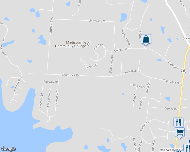 map of restaurants, bars, coffee shops, grocery stores, and more near 619 Shamrock Drive in Madisonville