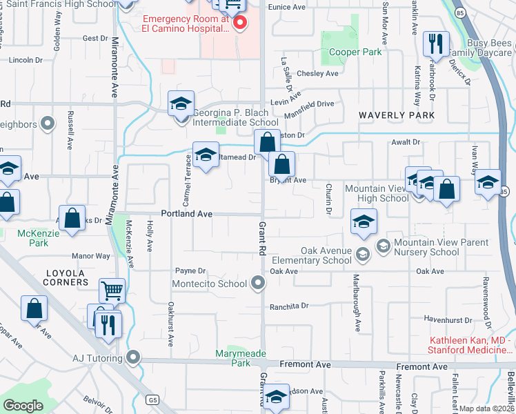 map of restaurants, bars, coffee shops, grocery stores, and more near 3565 Grant Road in Mountain View