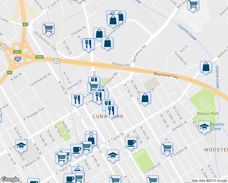 map of restaurants, bars, coffee shops, grocery stores, and more near 884 North 15th Street in San Jose