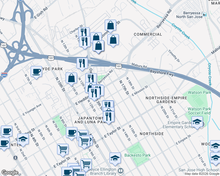 map of restaurants, bars, coffee shops, grocery stores, and more near 884 North 15th Street in San Jose