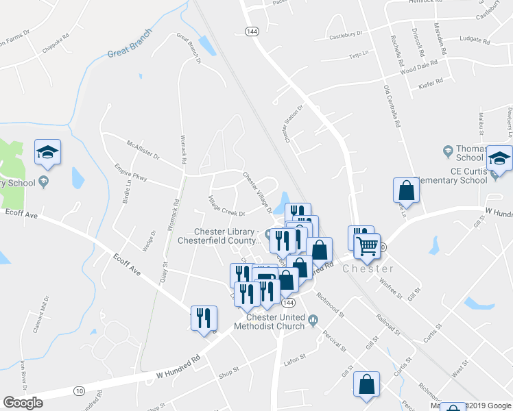 map of restaurants, bars, coffee shops, grocery stores, and more near 4306 Village Creek Drive in Chester