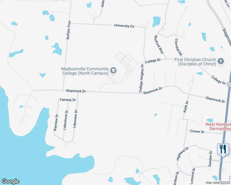 map of restaurants, bars, coffee shops, grocery stores, and more near 636 Shamrock Drive in Madisonville