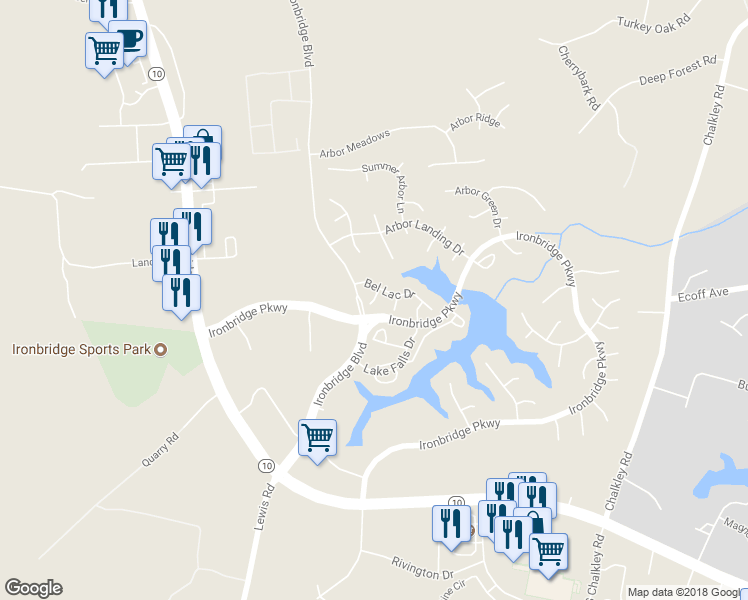 map of restaurants, bars, coffee shops, grocery stores, and more near 11500 Riviera Court in Chester