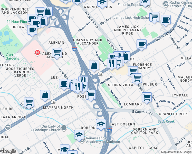 map of restaurants, bars, coffee shops, grocery stores, and more near in San Jose